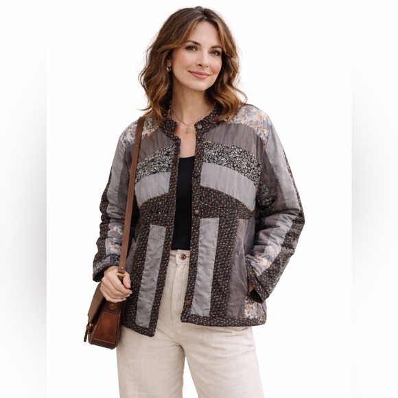 Handmade Jackets & Blazers - Handmade Quilted Patchwork Jacket Small Grey Black Floral Boho